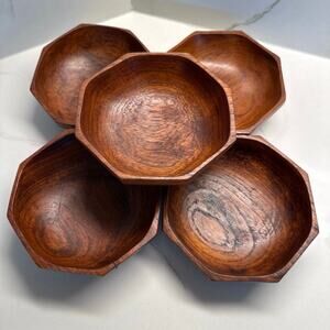 5 Mid-Century Danish Modern Solid Teak Wood Octagon Snack Salad Set 5.5”